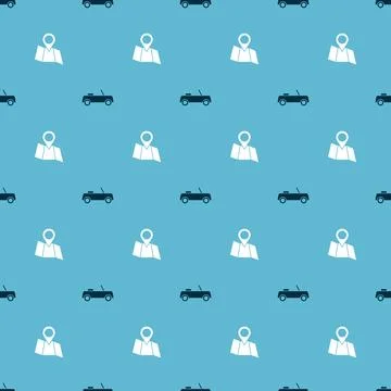 Set Car and Folded map with location on seamless pattern. Vector Stock Illustration