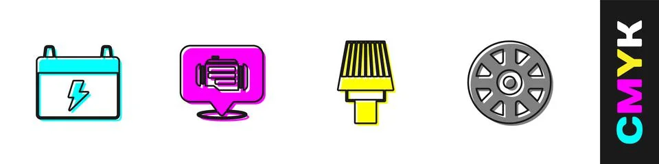 Set Car battery, Check engine, air filter and Alloy wheel for car icon. Vector Stock Illustration