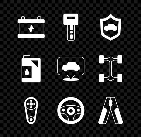 Set Car battery, key with remote, shield, Timing belt kit, Steering wheel Stock Illustration