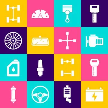 Set Car battery, key with remote, Check engine, Engine piston, mirror, Alloy Stock Illustration