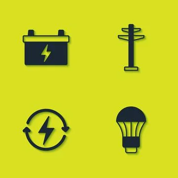 Set Car battery, LED light bulb, Recharging and Electric tower icon. Vector Stock Illustration