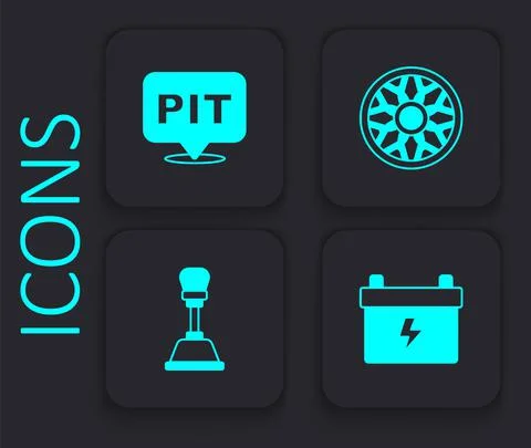 Set Car battery, Pit stop, Alloy wheel for car and Gear shifter icon. Black Stock Illustration