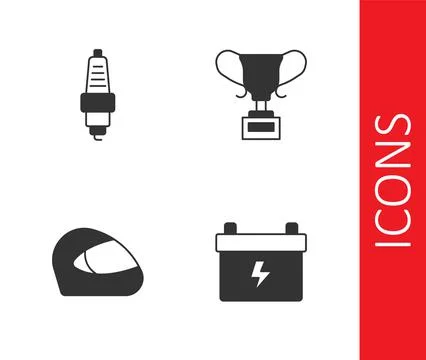 Set Car battery, spark plug, Racing helmet and Award cup icon. Vector Illustrazione stock