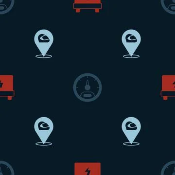 Set Car battery, Speedometer and Racing helmet on seamless pattern. Vector Illustrazione stock