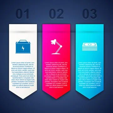 Set Car battery, Table lamp and Stacks paper money cash. Business infographic Stock Illustration