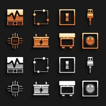 Set Car battery, USB cable cord, Electric light switch, Fuse, Processor with Stock Illustration