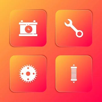 Set Car battery, Wrench spanner, Gear and Shock absorber icon. Vector イラスト素材