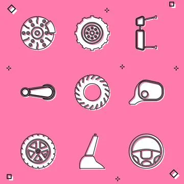 Set Car brake disk with caliper, wheel, Truck side mirror, door handle, tire Illustration