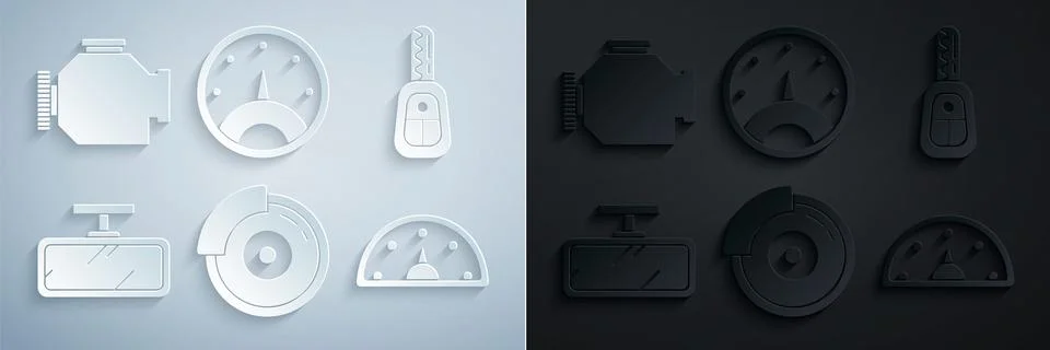 Set Car brake disk with caliper, key remote, mirror, Speedometer, and Check Stock Illustration