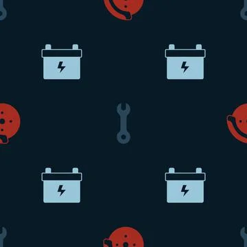 Set Car brake disk with caliper, Wrench spanner and battery on seamless pattern Stock Illustration