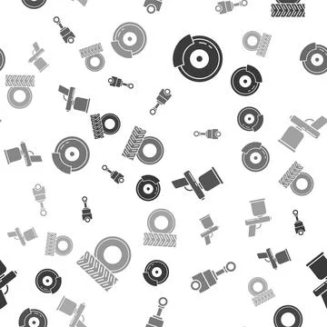 Set Car brake disk with caliper, Engine piston, Paint spray gun and Car wheel Illustrazione stock