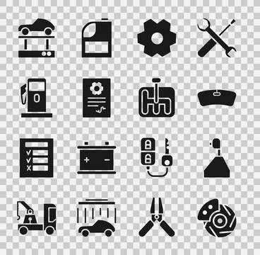 Set Car brake disk with caliper, Gear shifter, Windshield, Auto service check Ilustración de archivo