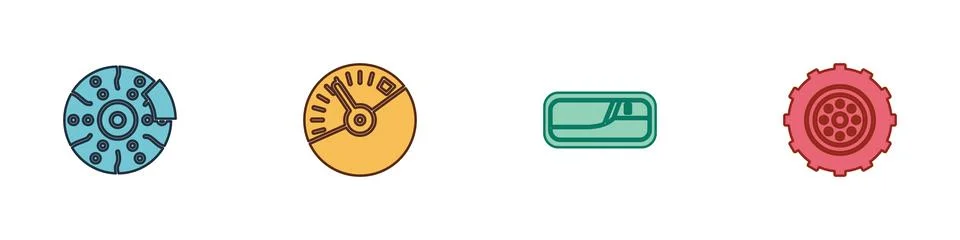 Set Car brake disk with caliper, Speedometer, door handle and wheel icon. Vector Illustration