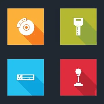 Set Car brake disk with caliper, key remote, Audio and Gear shifter icon. Vector Stock Illustration