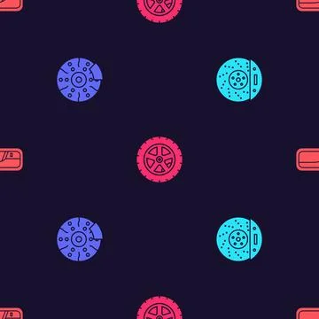 Set Car brake disk with caliper, , wheel and door handle on seamless pattern. Stock Illustration