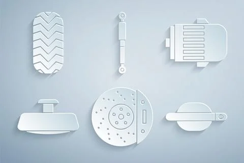 Set Car brake disk with caliper, Electric engine, mirror, door handle, Shoc.. Illustration
