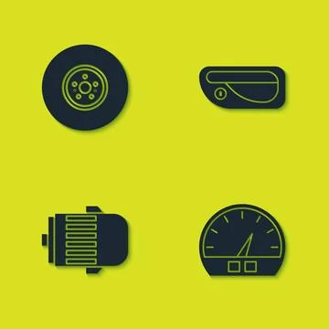 Set Car brake disk, Speedometer, Electric engine and door handle icon. Vector Illustration