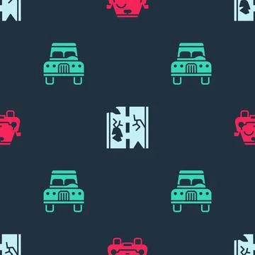 Set Car, Broken road and on seamless pattern. Vector Stock Illustration