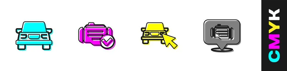 Set Car, Check engine, Online car sharing and  icon. Vector Stock Illustration