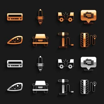 Set Car, Check engine, Tire pressure gauge, air pump, headlight, accident, audio Stock Illustration