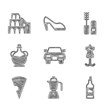 Set Car, Coffee moca pot, Bottle olive oil, Mannequin, Slice pizza, Mascara Stock Illustration