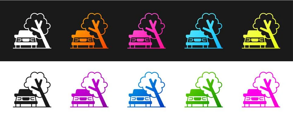 Set Car damaged by fallen tree icon isolated on black and white background. Auto Stock Illustration