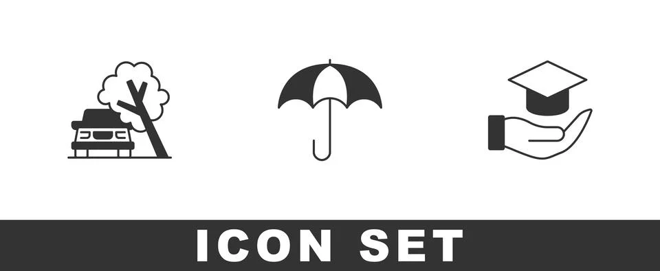 Set Car damaged by fallen tree, Umbrella and Education grant icon. Vector Ilustración de archivo