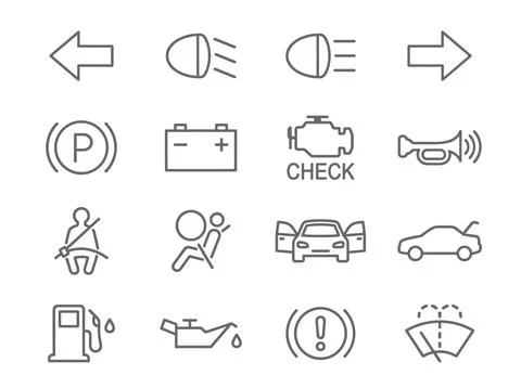 Set of car dashboard warning light icons including turn signals, headlights.. Stockillustratie