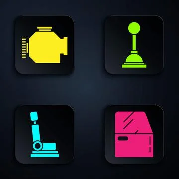 Set Car door, Check engine, Car seat and Gear shifter. Black square button Stock Illustration