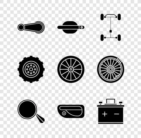 Set Car door handle, Chassis car, mirror, battery, wheel and icon. Vector Illustration