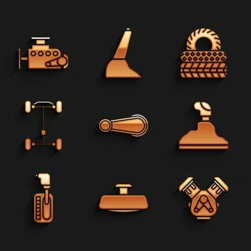 Set Car door handle, mirror, engine, Gear shifter, Chassis car, tire and icon Illustration