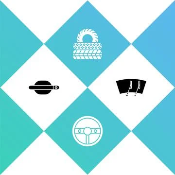Set Car door handle, Steering wheel, tire and Windscreen wiper icon. Vector Illustration