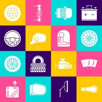 Set Car door handle, Windscreen wiper, wheel, Electric engine, mirror, Steering Illustration