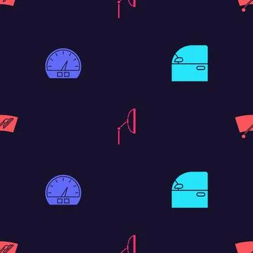 Set Car door, Speedometer, Windscreen wiper and on seamless pattern. Vector Illustrazione stock