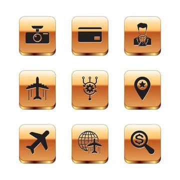 Set Car DVR, Plane, Globe with flying plane, Algorithm, and Scientist and test Stock Illustration