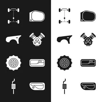 Set Car engine, fender, Chassis car, mirror, wheel, door handle, and muffler Illustration