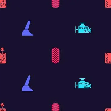 Set Car engine, handbrake, tire and Gear shifter on seamless pattern. Vector 스톡 일러스트