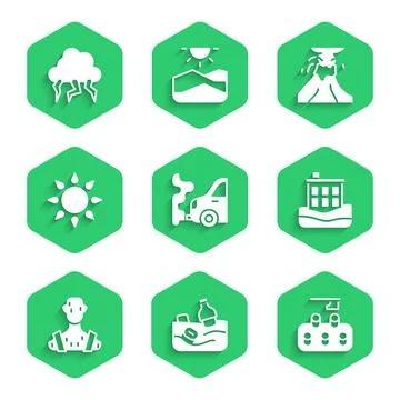 Set Car exhaust, Problem pollution of the ocean, Deforestation, House flood Stock Illustration