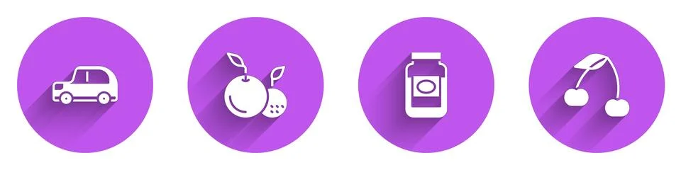 Set Car, Fruit, Jam jar and Cherry icon with long shadow. Vector 库存插图