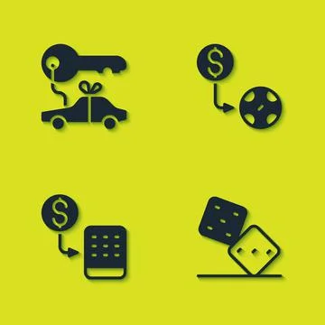 Set Car gift, Game dice, Casino chips exchange and  icon. Vector Illustrazione stock