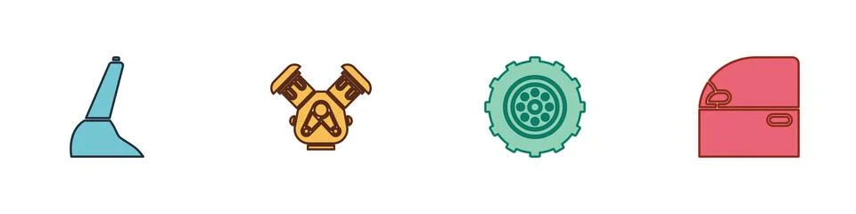 Set Car handbrake, engine, wheel and door icon. Vector Stock Illustration