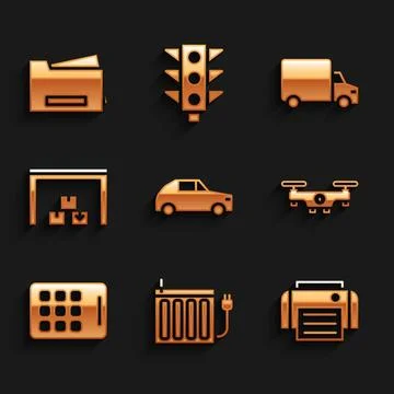 Set Car, Heating radiator, Printer, Drone flying, Graphic tablet, Warehouse.. Illustrazione stock