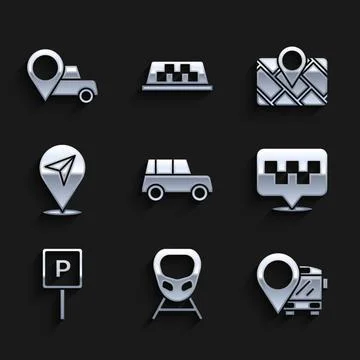 Set Car, High-speed train, Location with bus, taxi, Parking, Gps device map and Stock Illustration