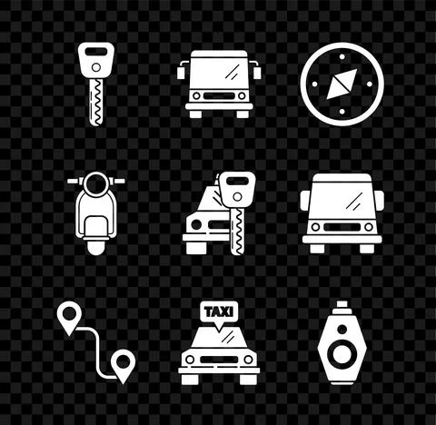 Set Car key, Bus, Compass, Route location, Taxi car, with remote, Scooter and Stock-Illustration