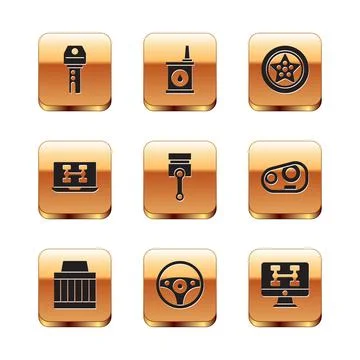 Set Car key with remote, air filter, Steering wheel, Engine piston, Diagnostics Illustrazione stock