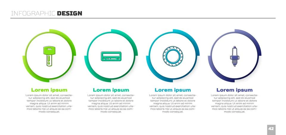 Set Car key with remote, audio, tire wheel and spark plug. Business infograph Stock Illustration