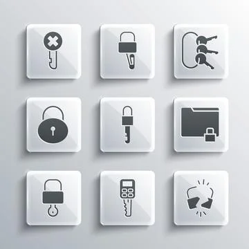 Set Car key with remote, Broken or cracked lock, Folder and, Locked, Wrong .. Stock Illustration