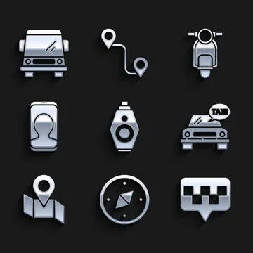 Set Car key with remote, Compass, Map pointer taxi, Taxi car, Folded map Stock Illustration