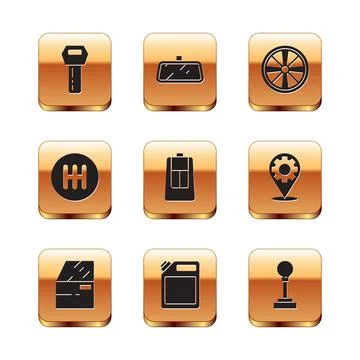 Set Car key with remote, door, Canister for gasoline, Gear shifter, Alloy wheel Stock Illustration