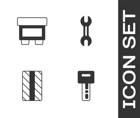 Set Car key with remote, Fuse, tire wheel and Wrench spanner icon. Vector Illustrazione stock